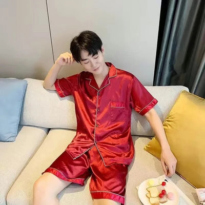 Férfi pizsama szettek selyem szatén pizsama lehúzható galléros hálóruha, hosszú ujjú tavaszi hálóruha Férfi 2 részes szettek Otthoni ruha CM11