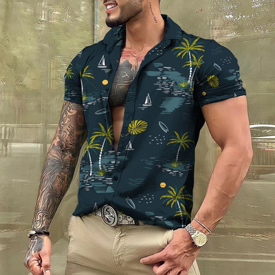 Ανδρικό πουκάμισο Hawaiian Coconut Tree τρισδιάστατη εκτύπωση με κοντό μανίκι μπλούζα για διακοπές στην παραλία Ανδρικά ρούχα μεγάλου μεγέθους Camisas Y Blusas