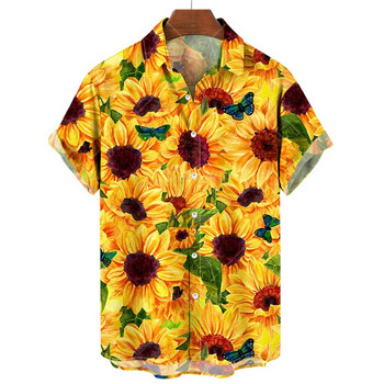 Ανδρικά πουκάμισα της Χαβάης 2023 Sunflower Sunshine print Πουκάμισα για άντρες Μόδα κοντομάνικα μπλουζάκια Φαρδιά μεγάλου μεγέθους ανδρικά ρούχα