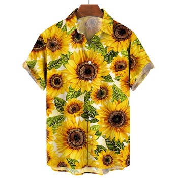 Ανδρικά πουκάμισα της Χαβάης 2023 Sunflower Sunshine print Πουκάμισα για άντρες Μόδα κοντομάνικα μπλουζάκια Φαρδιά μεγάλου μεγέθους ανδρικά ρούχα