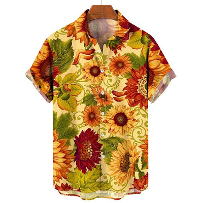 Хавайски мъжки ризи 2023 Слънчогледово слънчево щампа Ризи с ревери за мъже Модни топове с къс ръкав Свободно голямо мъжко облекло