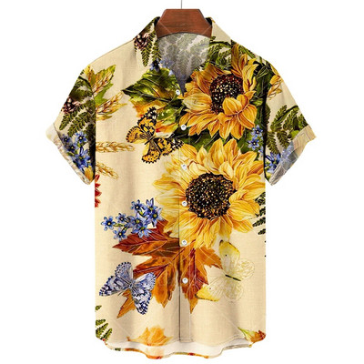 Хавайски мъжки ризи 2023 Слънчогледово слънчево щампа Ризи с ревери за мъже Модни топове с къс ръкав Свободно голямо мъжко облекло