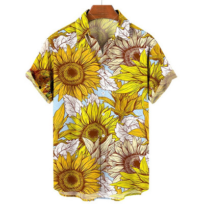 Хавайски мъжки ризи 2023 Слънчогледово слънчево щампа Ризи с ревери за мъже Модни топове с къс ръкав Свободно голямо мъжко облекло