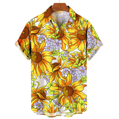 Хавайски мъжки ризи 2023 Слънчогледово слънчево щампа Ризи с ревери за мъже Модни топове с къс ръкав Свободно голямо мъжко облекло