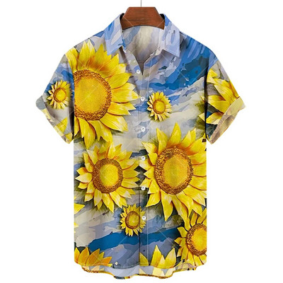 Хавайски мъжки ризи 2023 Слънчогледово слънчево щампа Ризи с ревери за мъже Модни топове с къс ръкав Свободно голямо мъжко облекло