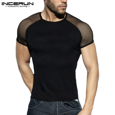 Μόδα ανδρικό μπλουζάκι με διχτυωτό συνονθύλευμα αναπνεύσιμο λαιμόκοψη 2023 με κοντό μανίκι casual μπλουζάκια Streetwear Sexy Camisetas 5XL INCERUN