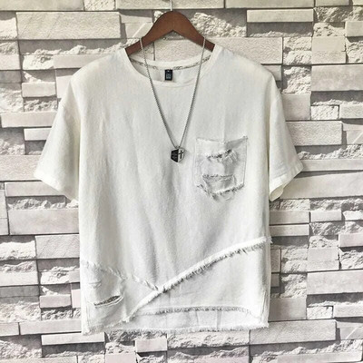 Summer Ripped Hold O Neck Κοντομάνικο Ανδρικό Μπλουζάκι Μόδα Harajuku Hip Hop Punk Ακανόνιστα ρούχα Grunge Streetwear Coffee Grey