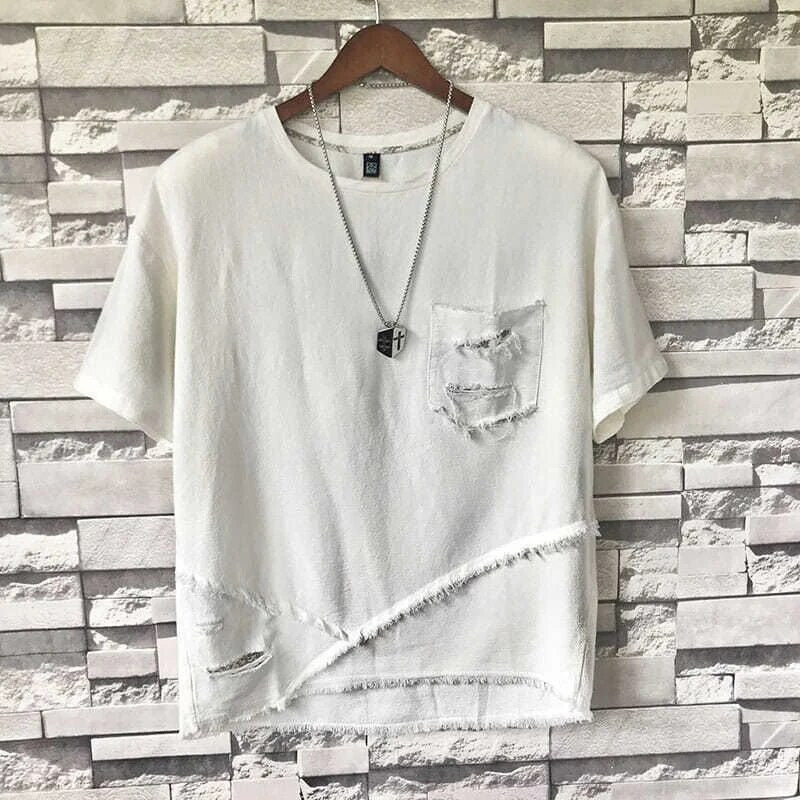 Summer Ripped Hold O Neck Κοντομάνικο Ανδρικό Μπλουζάκι Μόδα Harajuku Hip Hop Punk Ακανόνιστα ρούχα Grunge Streetwear Coffee Grey