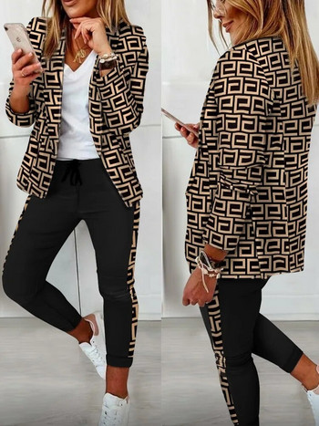 Σετ Φθινοπωρινά ρούχα 2023 με τζιν με στάμπα σάλι γιακά σακάκι και παντελόνι Σετ με δύο fashion casual κομμάτια για γυναίκες