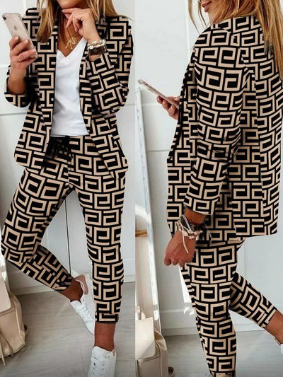 Σετ Φθινοπωρινά ρούχα 2023 με τζιν με στάμπα σάλι γιακά σακάκι και παντελόνι Σετ με δύο fashion casual κομμάτια για γυναίκες