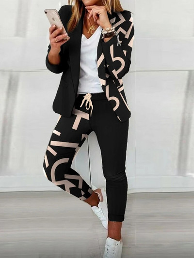 Kompleti Odjevne kombinacije 2023 Jesen Denim Look Print Šal Ovratnik Sako i hlače Set od dva modna ležerna komada za žene