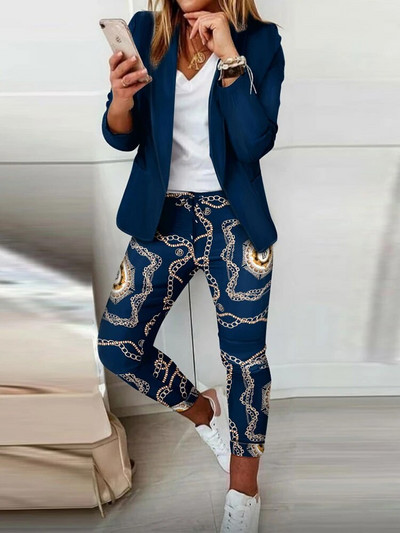 Kompleti Odjevne kombinacije 2023 Jesen Denim Look Print Šal Ovratnik Sako i hlače Set od dva modna ležerna komada za žene