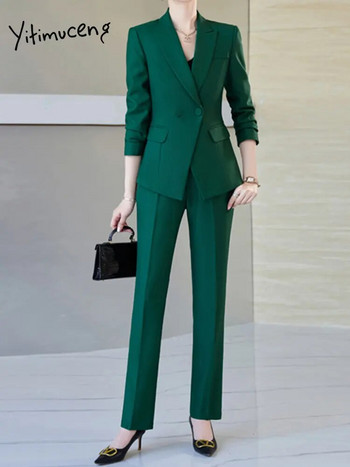 Yitimuceng Επίσημο κοστούμι μπλέιζερ για γυναίκες με διπλό στήθος Γραφείο Γυναικεία ψηλόμεση φούστες Λεπτά παντελόνια σετ 2 τεμαχίων