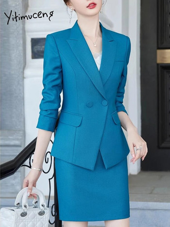 Yitimuceng Επίσημο κοστούμι μπλέιζερ για γυναίκες με διπλό στήθος Γραφείο Γυναικεία ψηλόμεση φούστες Λεπτά παντελόνια σετ 2 τεμαχίων
