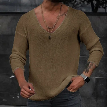 Мъжки 2023 г. Пролетни тениски с ребра с V-образно деколте Пуловер Есенни тънки тениски с дълъг ръкав Обикновена обикновена тънка плетена риза