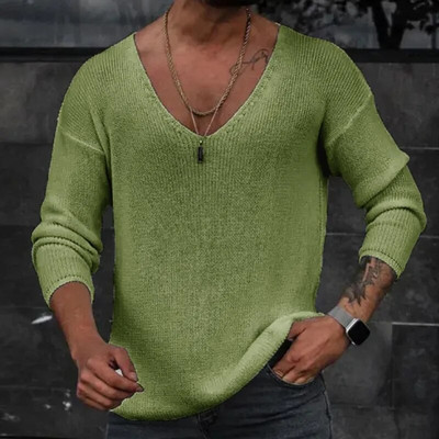 Мъжки 2023 г. Пролетни тениски с ребра с V-образно деколте Пуловер Есенни тънки тениски с дълъг ръкав Обикновена обикновена тънка плетена риза