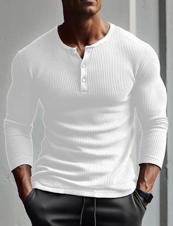 2023 Нова полиестерна тениска с дълъг ръкав Мъжка дишаща тънка материя Ежедневна тениска Пролет есен Henry-Neck Basic Tee Tops Man