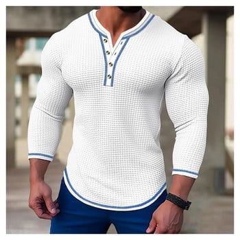 Νέο ανδρικό μπλουζάκι βάφλα μονόχρωμο μακρυμάνικο V-ζακέτα Henry λαιμόκοψη Ανοιξιάτικο φθινόπωρο Casual Comfort ελαστικό πουκάμισο