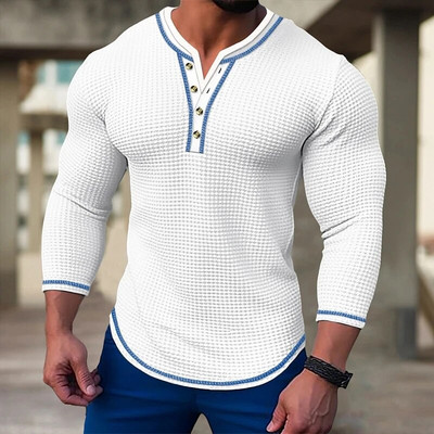 Νέο ανδρικό μπλουζάκι βάφλα μονόχρωμο μακρυμάνικο V-ζακέτα Henry λαιμόκοψη Ανοιξιάτικο φθινόπωρο Casual Comfort ελαστικό πουκάμισο