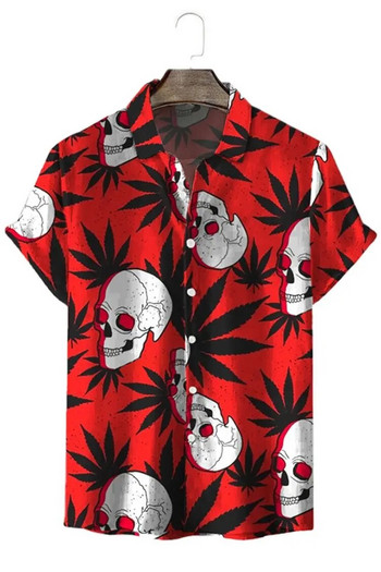 Мъжка широка хавайска риза, риза с къс ръкав с щампи на черепа, лятна ежедневна блуза с обикновени копчета, тениска в плажен стил