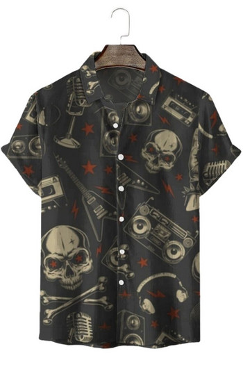 Ανδρικό πουκάμισο Χαβάης με χαλαρή εφαρμογή, κοντομάνικο πουκάμισο με στάμπα κρανίου, καλοκαιρινή καθημερινή μπλούζα με κανονικά κουμπιά, μπλουζάκι σε στυλ παραλίας για