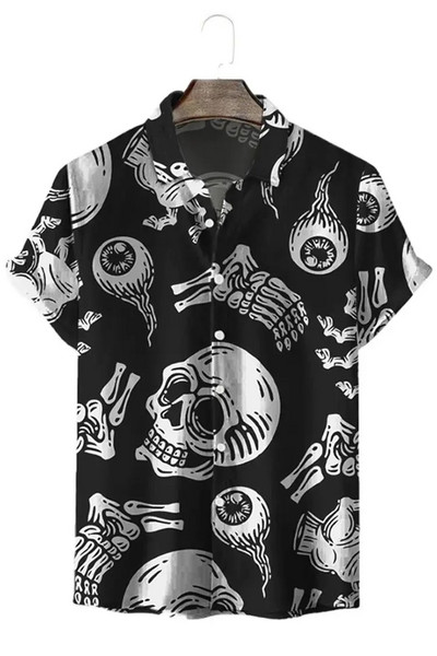 Ανδρικό πουκάμισο Χαβάης με χαλαρή εφαρμογή, κοντομάνικο πουκάμισο με στάμπα κρανίου, καλοκαιρινή καθημερινή μπλούζα με κανονικά κουμπιά, μπλουζάκι σε στυλ παραλίας για