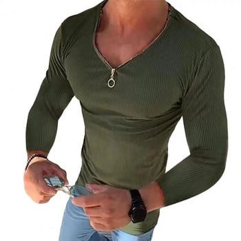 Ανδρικό πουκάμισο μονόχρωμο μακρύ μανίκι V λαιμόκοψη Stretch Streetwear Ανοιξιάτικο Φθινοπωρινό Slim Fit T-shirt με φερμουάρ Top Ανδρικά ρούχα 2023