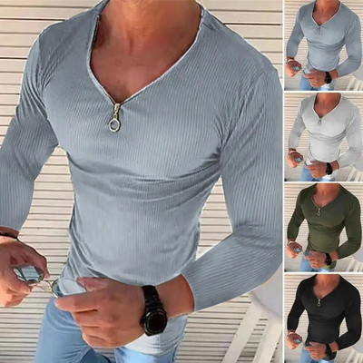 Ανδρικό πουκάμισο μονόχρωμο μακρύ μανίκι V λαιμόκοψη Stretch Streetwear Ανοιξιάτικο Φθινοπωρινό Slim Fit T-shirt με φερμουάρ Top Ανδρικά ρούχα 2023