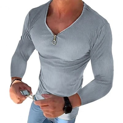 Vyriški marškiniai vienspalviai ilgomis rankovėmis V kaklo briaunoti tamprūs gatvės drabužiai pavasario rudeniniai ploni marškinėliai su užtrauktuku Populiariausi vyriški drabužiai 2023 m.