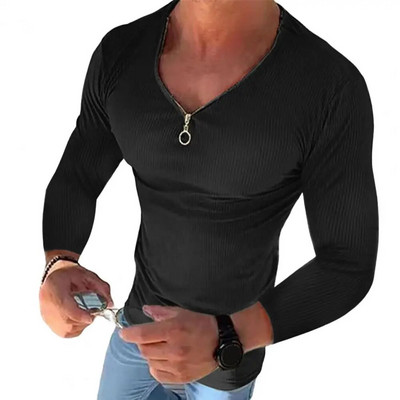 Vyriški marškiniai vienspalviai ilgomis rankovėmis V kaklo briaunoti tamprūs gatvės drabužiai pavasario rudeniniai ploni marškinėliai su užtrauktuku Populiariausi vyriški drabužiai 2023 m.