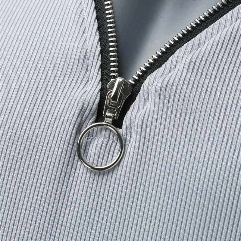 Vyriški marškiniai vienspalviai ilgomis rankovėmis V kaklo briaunoti tamprūs gatvės drabužiai pavasario rudeniniai ploni marškinėliai su užtrauktuku Populiariausi vyriški drabužiai 2023 m.