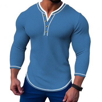Нова мъжка вафлена едноцветна тениска с дълъг ръкав V-образна жилетка с тениски с деколте Хенри Пролет Есен Ежедневна комфортна еластична риза