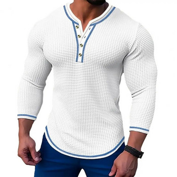 Нова мъжка вафлена едноцветна тениска с дълъг ръкав V-образна жилетка с тениски с деколте Хенри Пролет Есен Ежедневна комфортна еластична риза