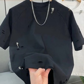 Vasarą suplėšyti skylę trumpomis rankovėmis vyriški marškinėliai apvalia kaklelis, cirkonio smeigtukas, papuošti asmenybę, mada, tinkami 2 x l dideli viršutiniai drabužiai