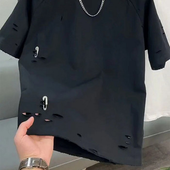 Лятна тениска с къси ръкави с разкъсани дупки и кръгло деколте, тениска с кристали и игла, украсена с личностни модни универсални 2xl големи горнища