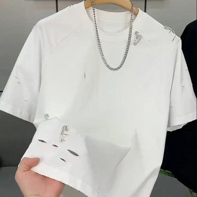 Vasarą suplėšyti skylę trumpomis rankovėmis vyriški marškinėliai apvalia kaklelis, cirkonio smeigtukas, papuošti asmenybę, mada, tinkami 2 x l dideli viršutiniai drabužiai