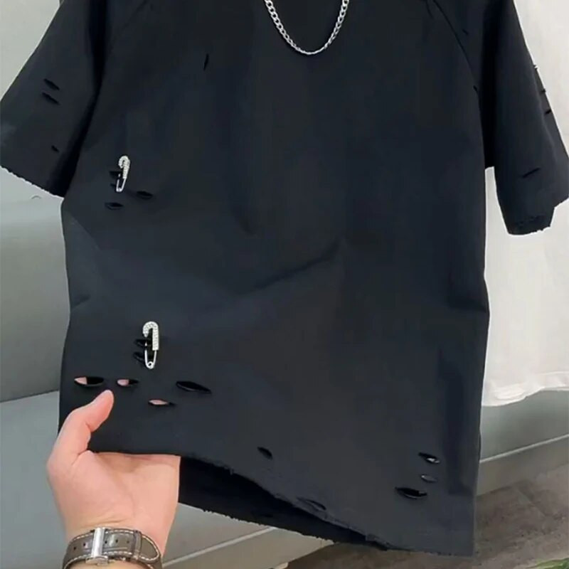 Vasarą suplėšyti skylę trumpomis rankovėmis vyriški marškinėliai apvalia kaklelis, cirkonio smeigtukas, papuošti asmenybę, mada, tinkami 2 x l dideli viršutiniai drabužiai