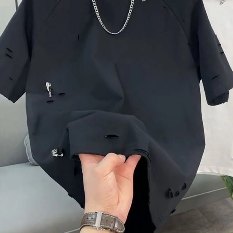 Vasarą suplėšyti skylę trumpomis rankovėmis vyriški marškinėliai apvalia kaklelis, cirkonio smeigtukas, papuošti asmenybę, mada, tinkami 2 x l dideli viršutiniai drabužiai