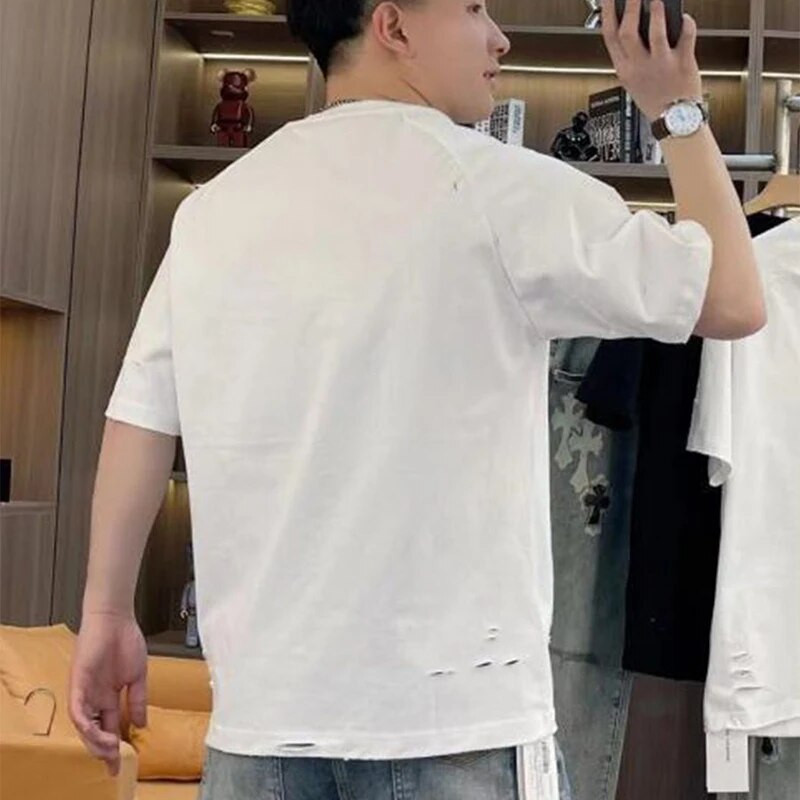 Vasarą suplėšyti skylę trumpomis rankovėmis vyriški marškinėliai apvalia kaklelis, cirkonio smeigtukas, papuošti asmenybę, mada, tinkami 2 x l dideli viršutiniai drabužiai