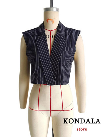 KONDALA Γυναικείο ριγέ ζιβάγκο κοστούμια γραφείου Γυναικεία μόδα 2023 Καλοκαίρι V λαιμόκοψη αμάνικο μπλέιζερ + Σετ παντελόνια με φαρδύ πόδι με ψηλή μέση