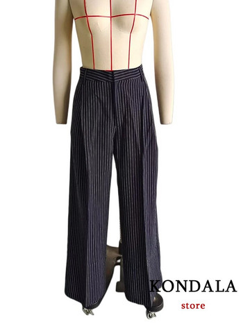 KONDALA Γυναικείο ριγέ ζιβάγκο κοστούμια γραφείου Γυναικεία μόδα 2023 Καλοκαίρι V λαιμόκοψη αμάνικο μπλέιζερ + Σετ παντελόνια με φαρδύ πόδι με ψηλή μέση