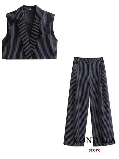 KONDALA biuro moteriški dryžuoti švarko kostiumai, moteriški 2023 m. madingi kostiumai su V kaklu be rankovių ir ilgų kelnių rinkiniai aukštu juosmeniu ir plačiomis kojomis