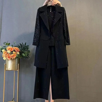 Дамски костюм с големи размери 6XL, яке с пайети ивица, сако, жилетка, горна част и панталон, комплект от три части, подходящо облекло, офис облекло