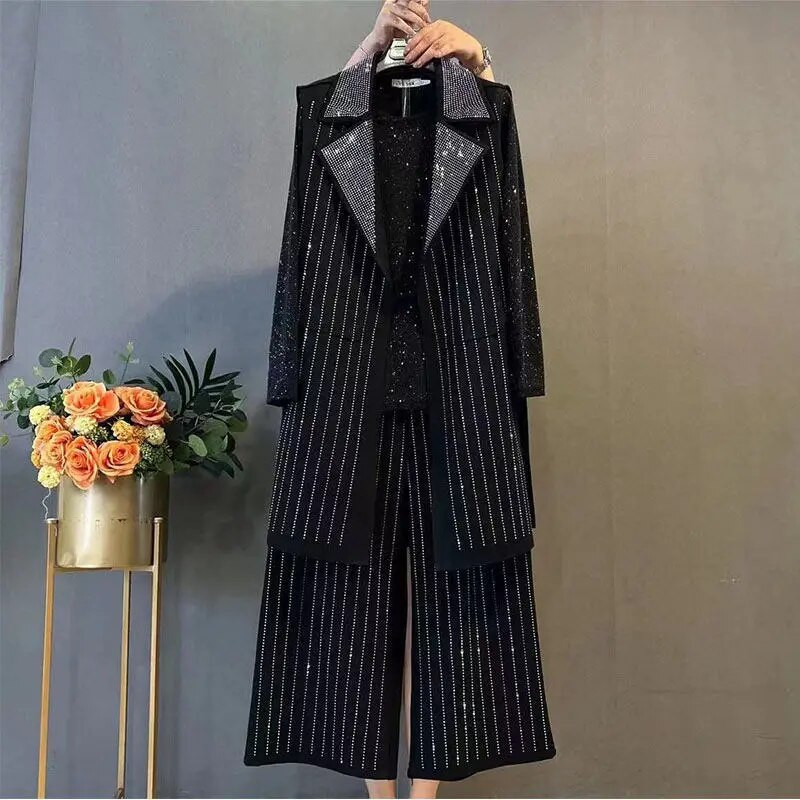 Дамски костюм с големи размери 6XL, яке с пайети ивица, сако, жилетка, горна част и панталон, комплект от три части, подходящо облекло, офис облекло