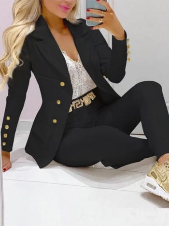 Σετ παντελόνι Blazer Γυναικεία Άνοιξη 2023 Μόδα Casual Κομψό κοστούμι με διπλό στήθος Μπουφάν + Ελαστική μέση παντελόνι γραφείου-χωρίς ζώνη