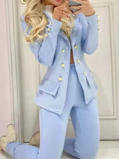 Σετ παντελόνι Blazer Γυναικεία Άνοιξη 2023 Μόδα Casual Κομψό κοστούμι με διπλό στήθος Μπουφάν + Ελαστική μέση παντελόνι γραφείου-χωρίς ζώνη