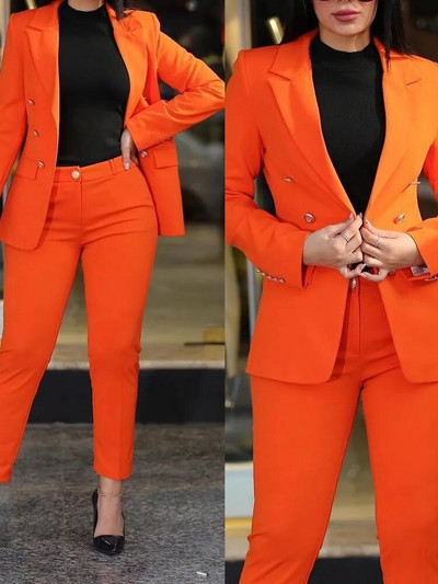 Kompleti jaknih hlača Ženska moda proljeće 2023. Ležerna, elegantna jakna s dvokopčanim kopčanjem + Uredske hlače s elastičnim strukom - Bez remena