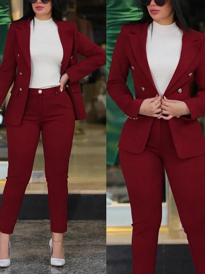 Kompleti jaknih hlača Ženska moda proljeće 2023. Ležerna, elegantna jakna s dvokopčanim kopčanjem + Uredske hlače s elastičnim strukom - Bez remena
