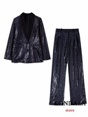 KONDALA Vintage žensko odijelo sa šljokicama, modni 2023, crni sako s V izrezom, jednoredno kopčanje + elegantni komplet ravnih hlača visokog struka
