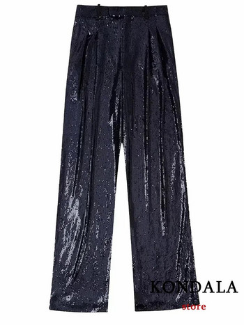 KONDALA Винтидж парти дамски костюм с пайети, мода 2023, черен еднореден блейзър с V-образно деколте + прав панталон с висока талия, елегантен комплект
